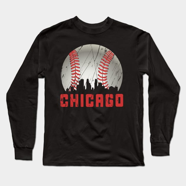 Distressed Chicago Downtown Skyline Baseball Vintage Long Sleeve T-Shirt by justiceberate